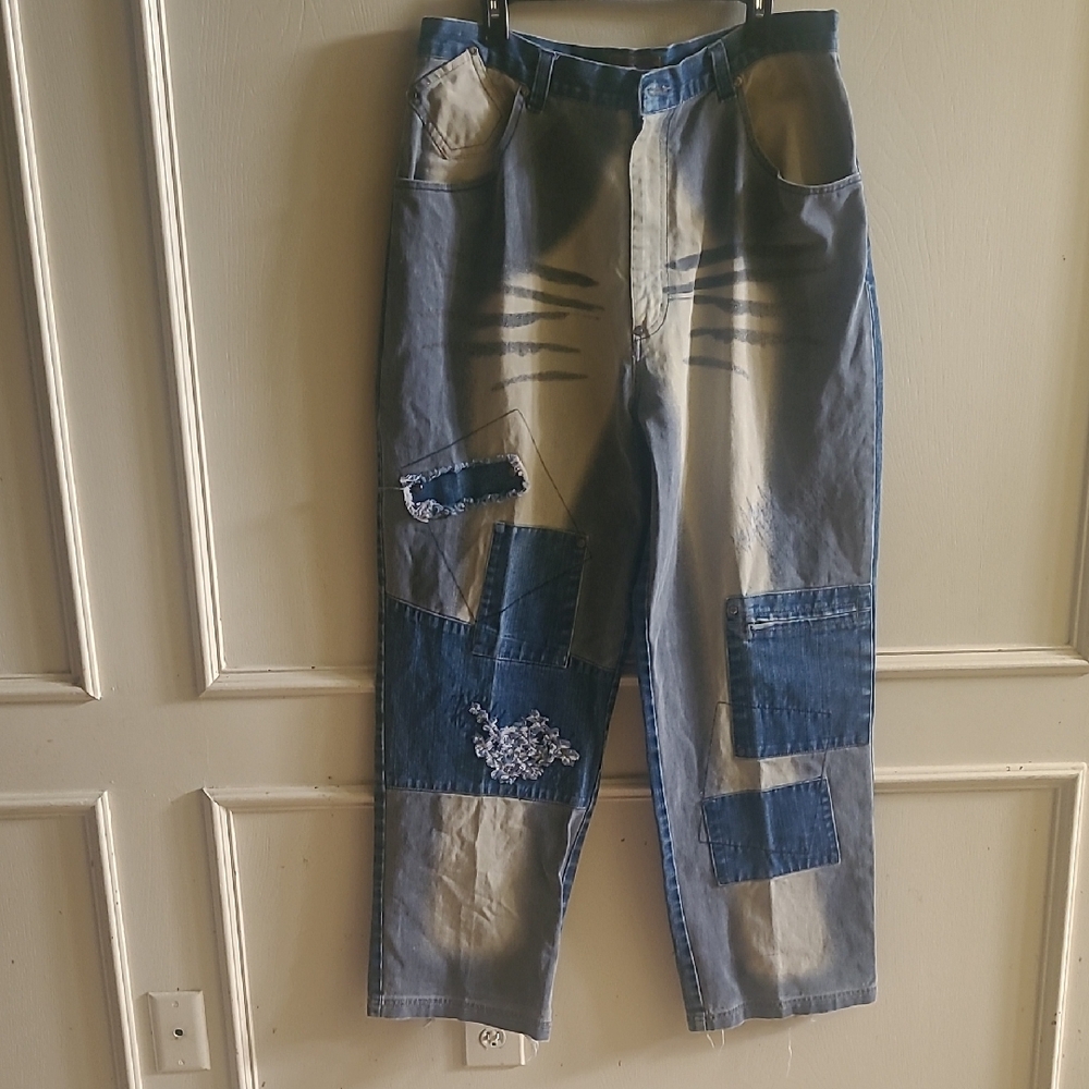 Vintage Y2K Raw Blue Patchwork Denim Jeans Made In Korea Sz W 38 L 32